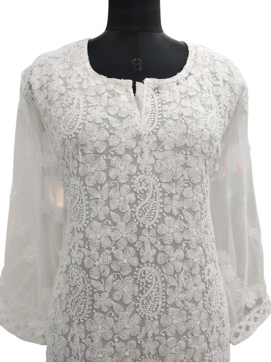 Shyamal Chikan Hand Embroidered White Georgette Lucknowi Chikankari Kurti- S5737