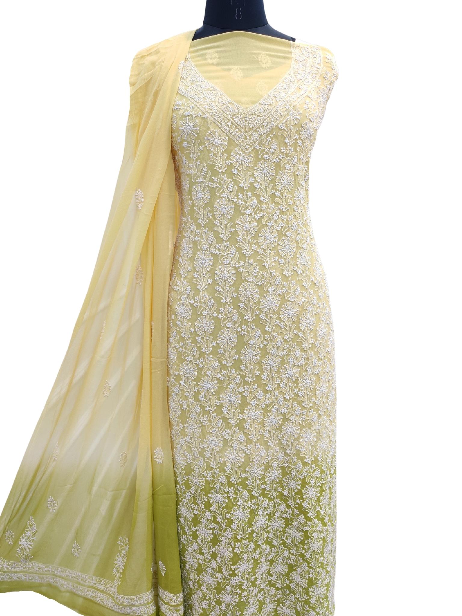 Shyamal Chikan Hand Embroidered Yellow Pure Georgette Lucknowi Chikankari Unstitched Suit Piece  - S1445
