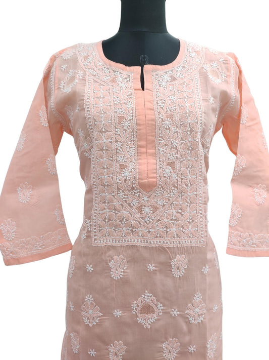 Shyamal Chikan Hand Embroidered Peach Cotton Lucknowi Chikankari Kurti With Jaali Work- S16462