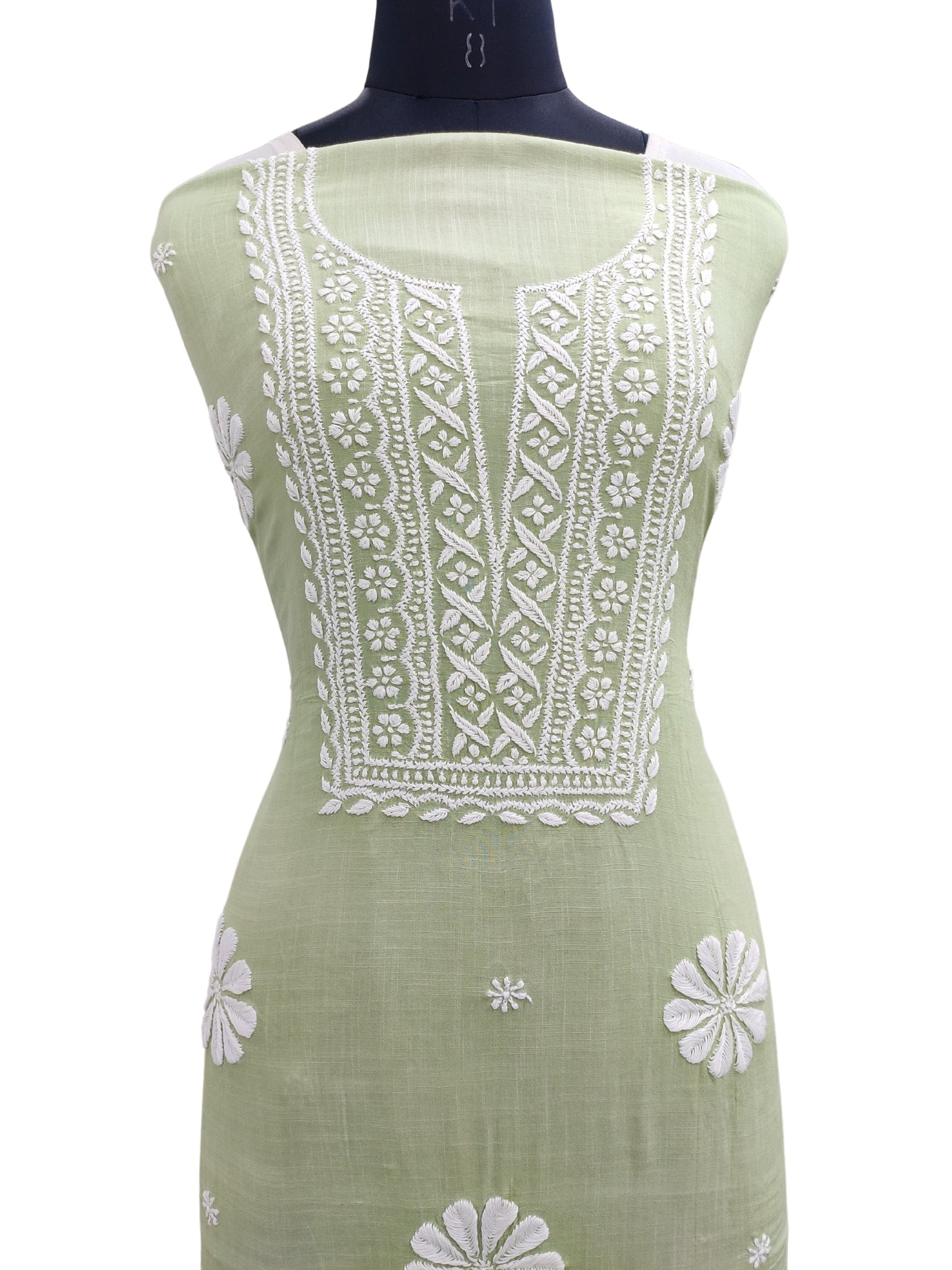 Shyamal Chikan Hand Embroidered Green Soft Cotton Lucknowi Chikankari Unstitched Kurta Piece - S18954