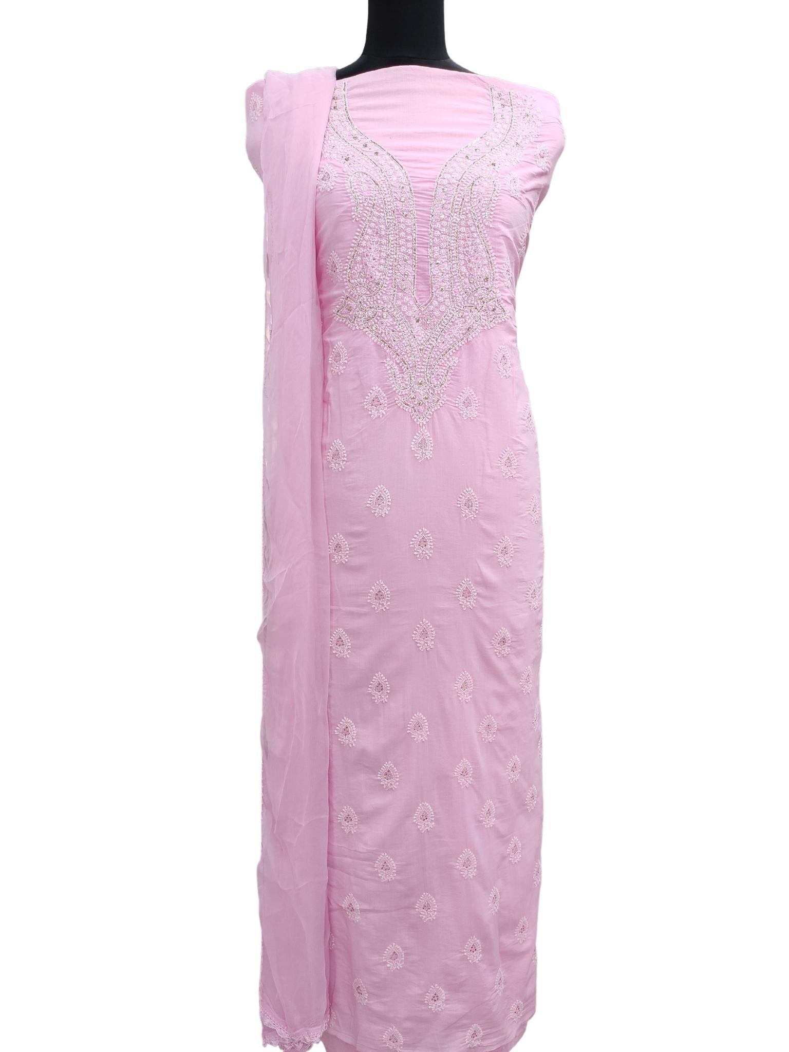 Shyamal Chikan Hand Embroidered Pink Pure Cotton Lucknowi Chikankari Unstitched Suit Piece - S10895