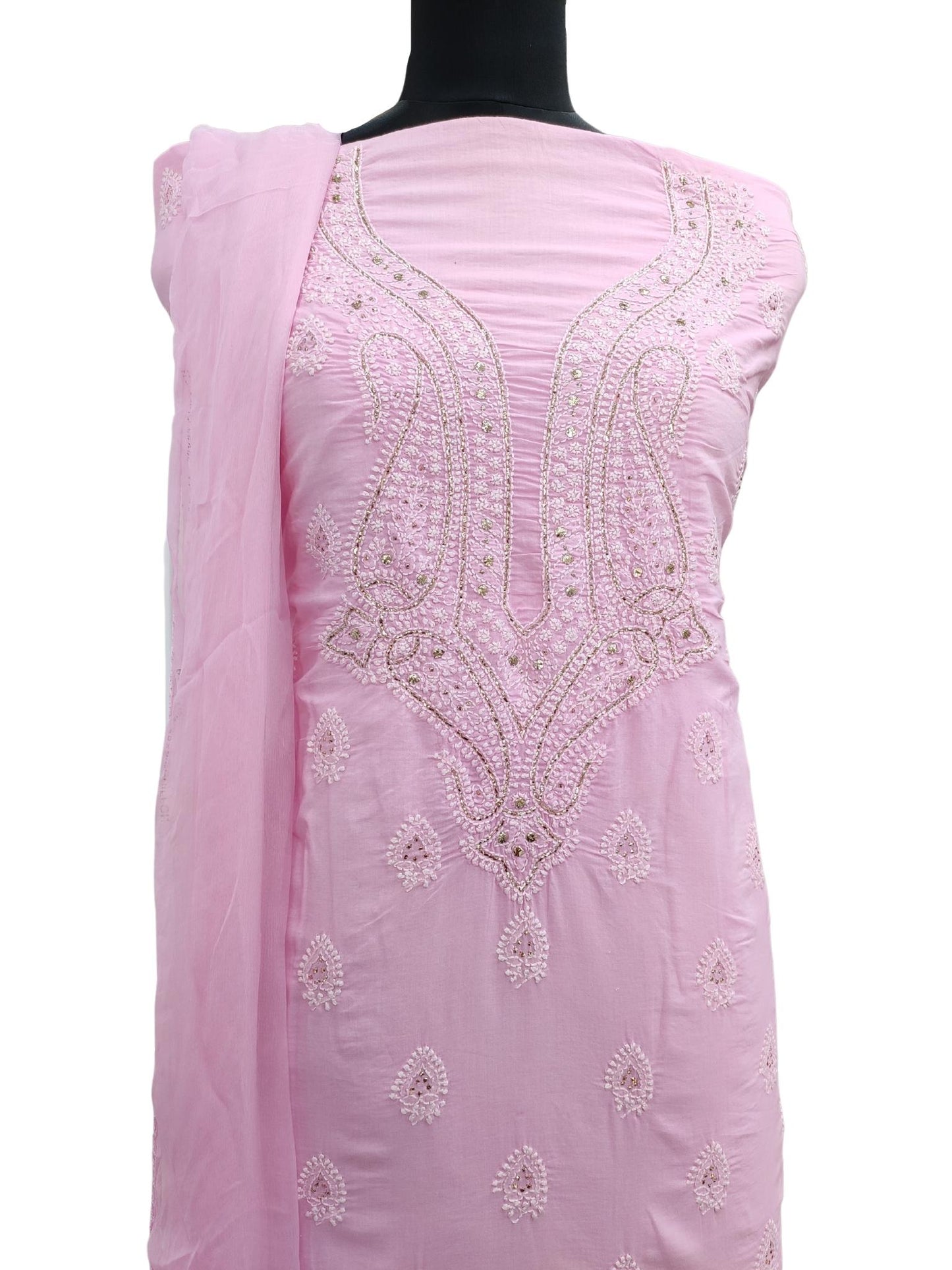 Shyamal Chikan Hand Embroidered Pink Pure Cotton Lucknowi Chikankari Unstitched Suit Piece - S10895