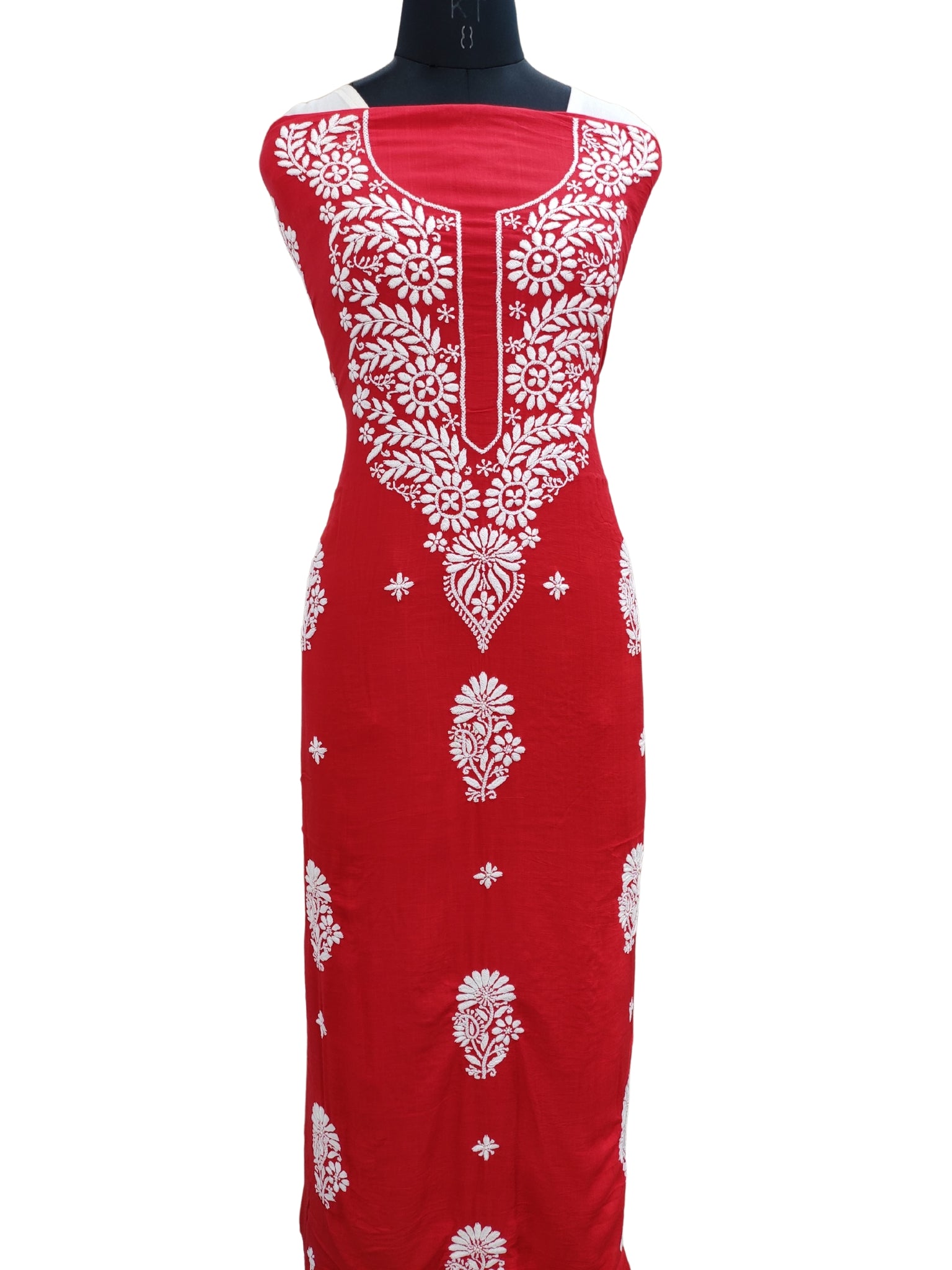 Shyamal Chikan Hand Embroidered Red Soft Cotton Lucknowi Chikankari Unstitched Kurta Piece - S18950