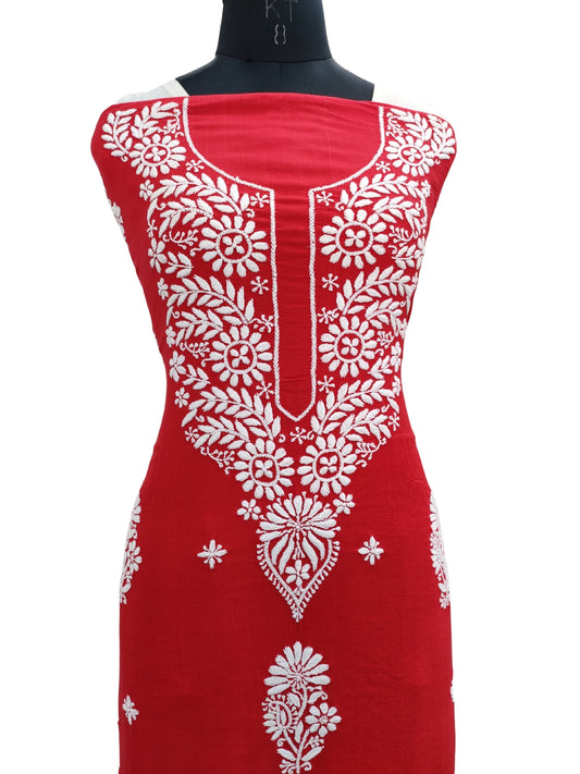 Shyamal Chikan Hand Embroidered Red Soft Cotton Lucknowi Chikankari Unstitched Kurta Piece - S18950