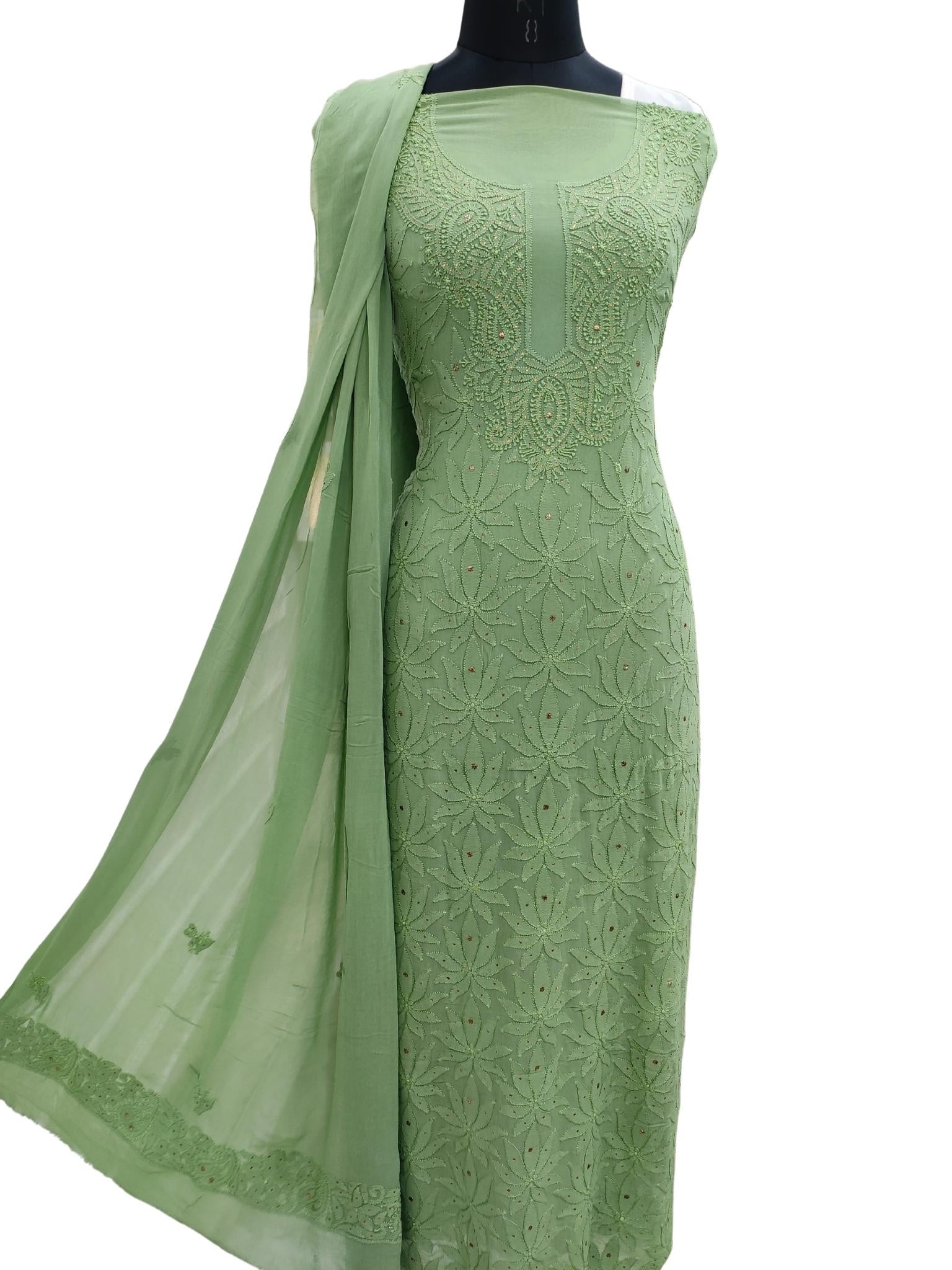 Shyamal Chikan Hand Embroidered Green Viscose Georgette Lucknowi Chikankari Unstitched Suit Piece With Mukaish Work ( Set of 2 ) - S17448