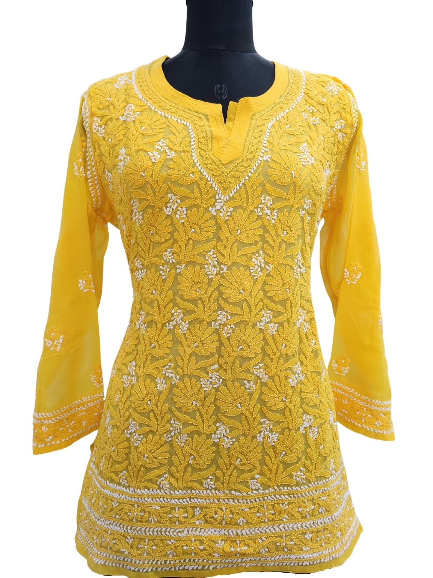 Shyamal Chikan Hand Embroidered Yellow Georgette Lucknowi Chikankari Short Top- S15720 