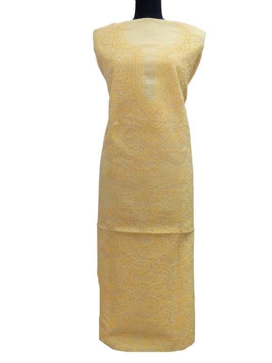 Shyamal Chikan Hand Embroidered Yellow Cotton Lucknowi Chikankari Unstitched Kurta Piece With Jaali Work - S2732