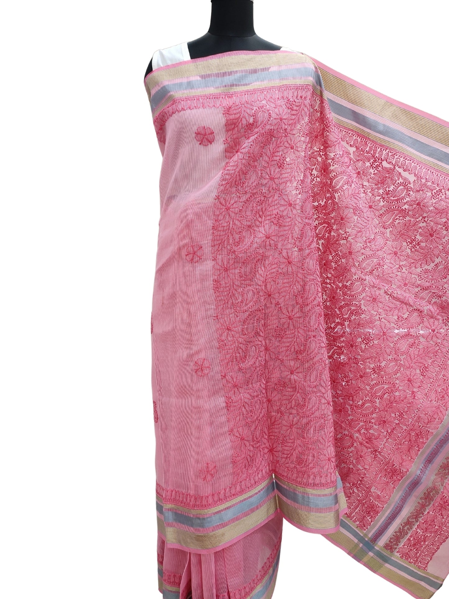 Shyamal Chikan Hand Embroidered Pink Chanderi Lucknowi Chikankari Saree With Blouse Piece - S4053
