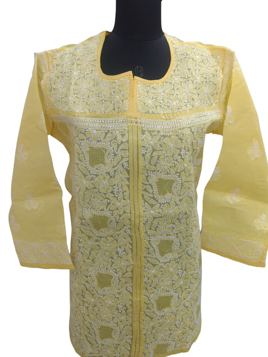 Shyamal Chikan Hand Embroidered Yellow Cotton Lucknowi Chikankari Short Top With Jaali Work - S7890