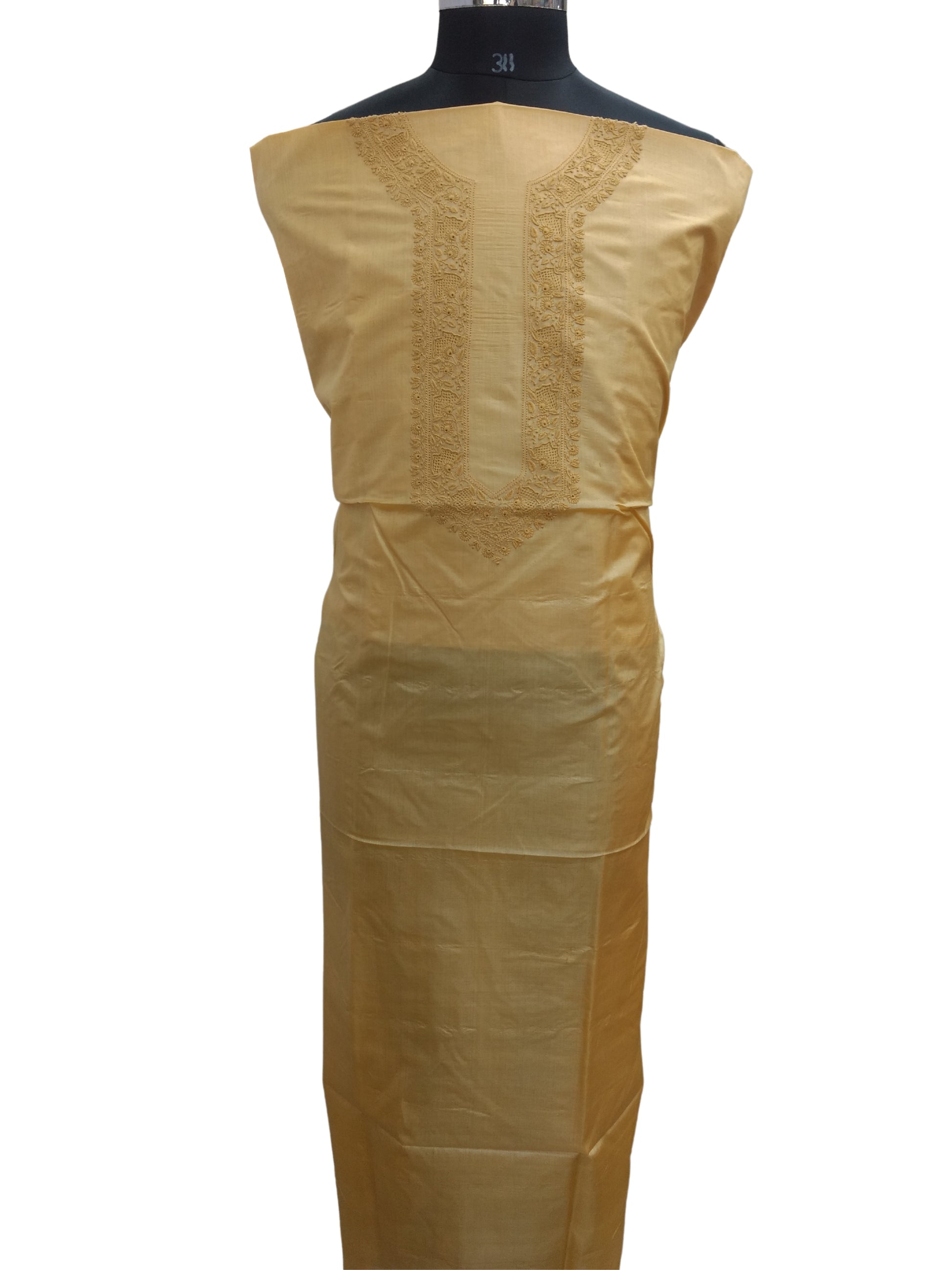 Shyamal Chikan Hand Embroidered Beige Pure Tusser Silk Lucknowi Chikankari Unstitched Men's Kurta Piece – S8298