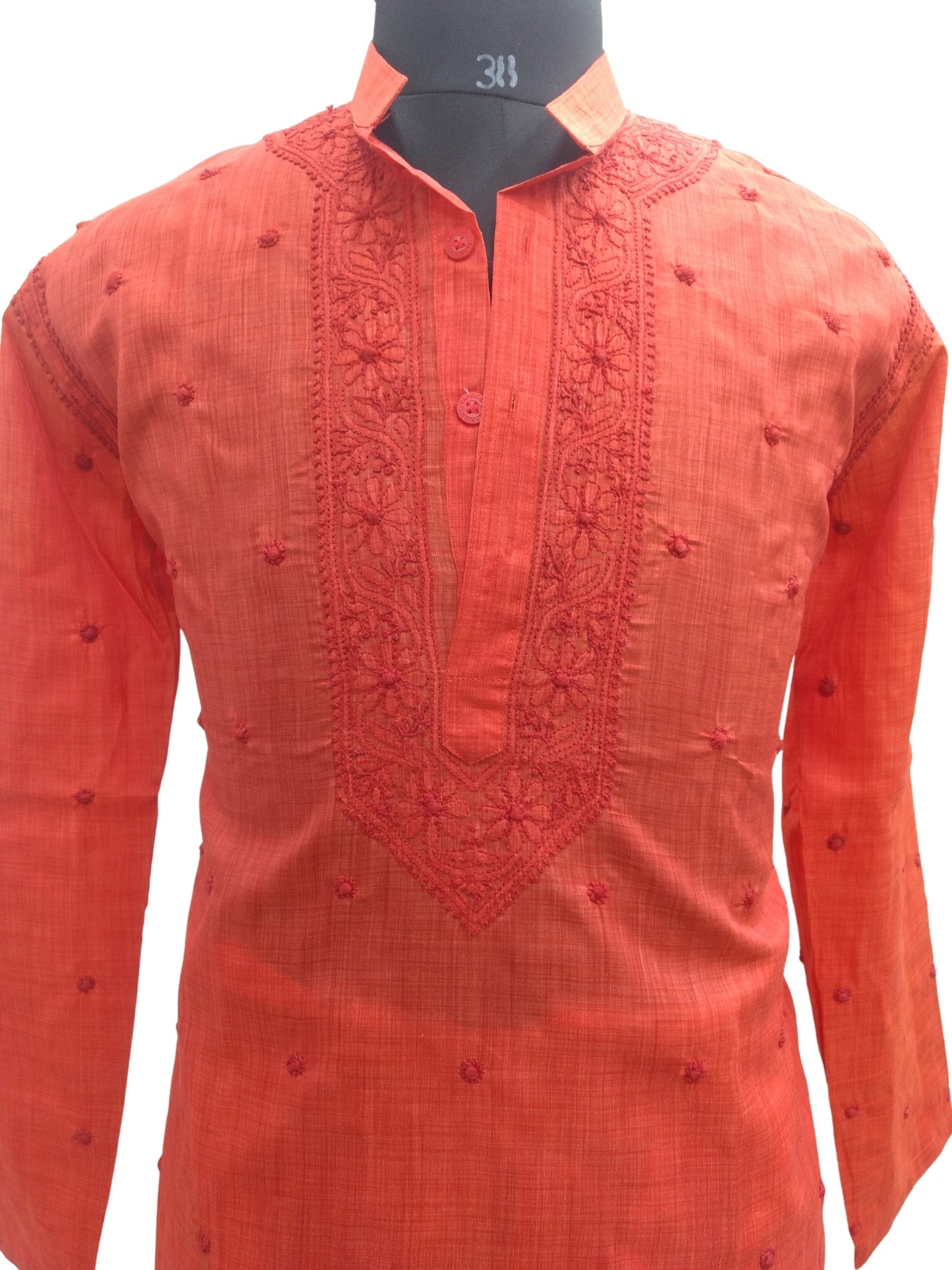 Shyamal Chikan Hand Embroidered Red Cotton Lucknowi Chikankari Men's Kurta –S6851