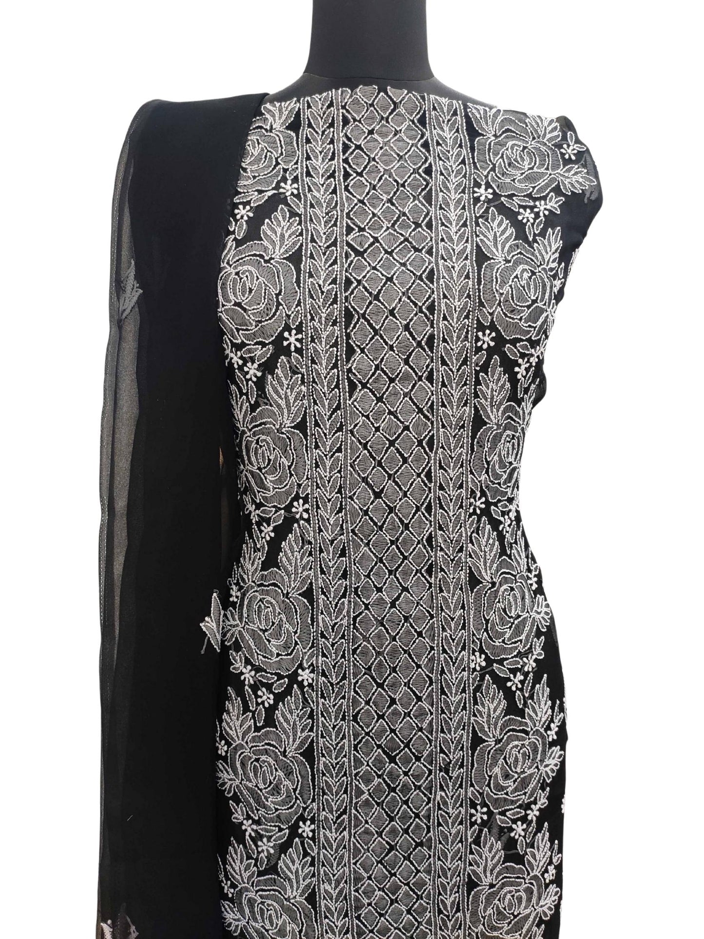 Shyamal Chikan Hand Embroidered Black Georgette Lucknowi Chikankari Unstitched Suit Piece- S11571