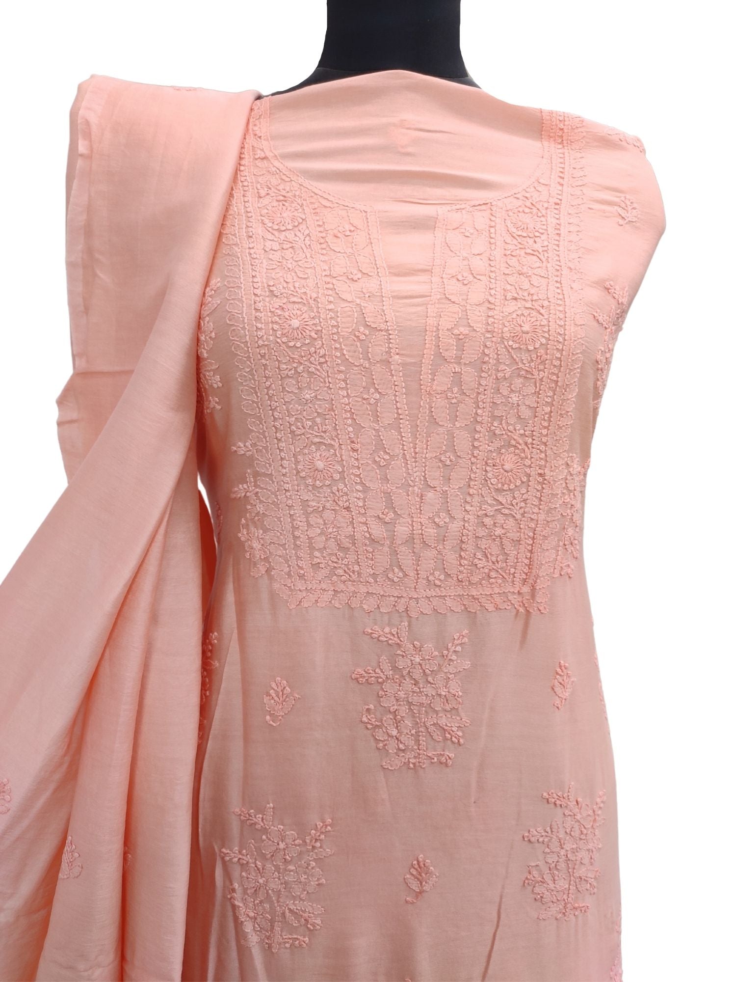 Shyamal Chikan Hand Embroidered Peach Pure Chanderi Silk Lucknowi Chikankari Unstitched Suit Piece ( Set of 2 ) - S12597 - Shyamal Chikan