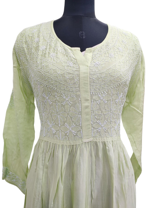 Shyamal Chikan Hand Embroidered Green Modal Silk Lucknowi Chikankari Gown Kurti - S13476