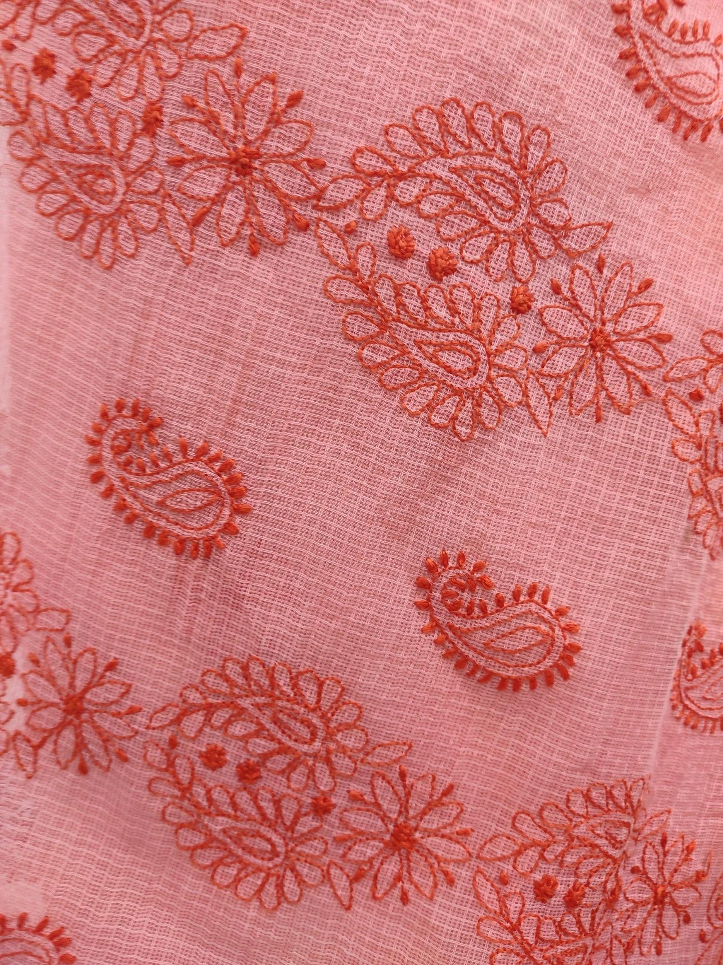 Shyamal Chikan Hand Embroidered Peach Kota Cotton Lucknowi Chikankari Saree With Blouse Piece - S13493