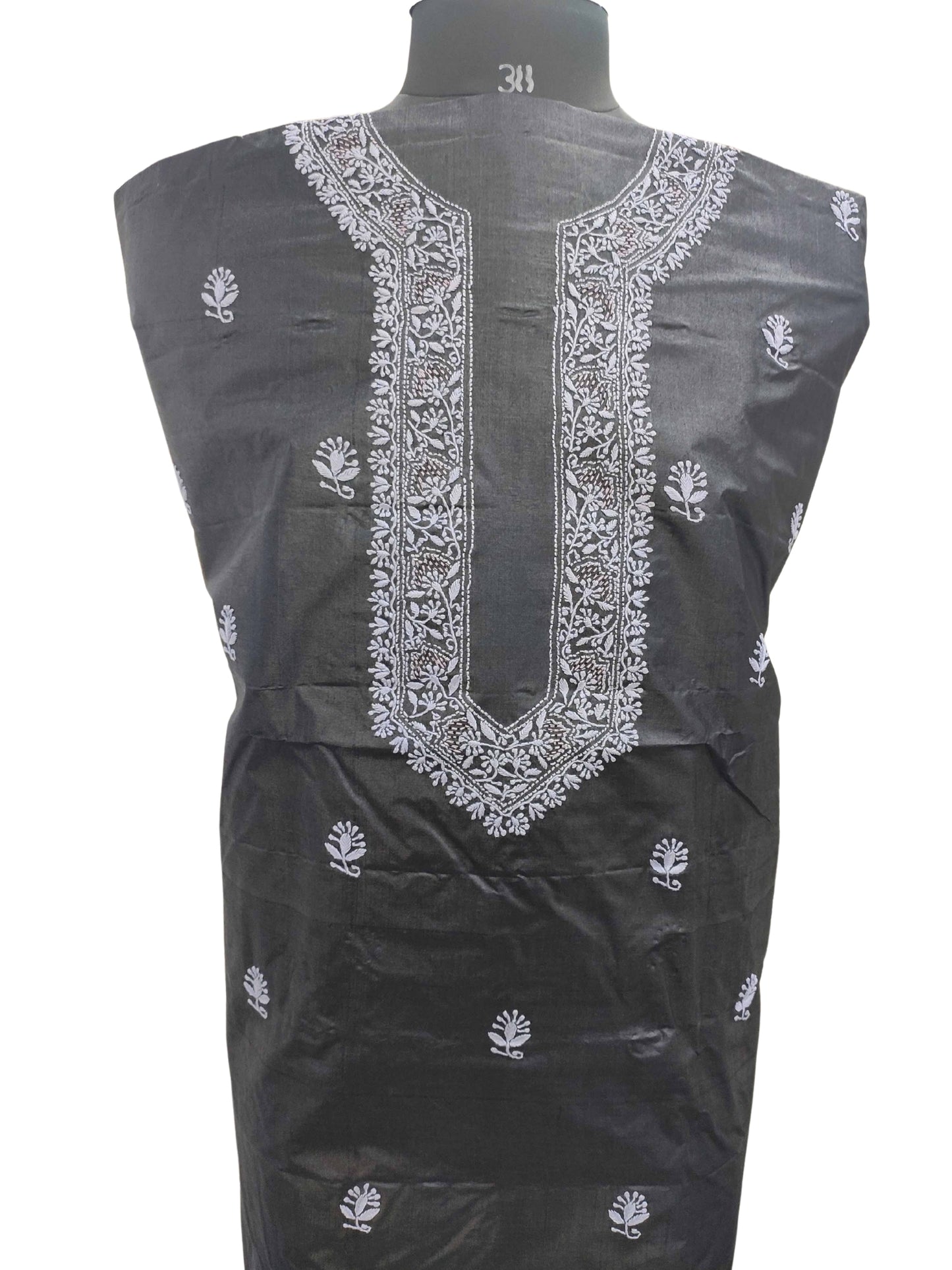 Shyamal Chikan Hand Embroidered Black Pure Tusser Silk Lucknowi Chikankari Unstitched Men's Kurta Piece – S8303