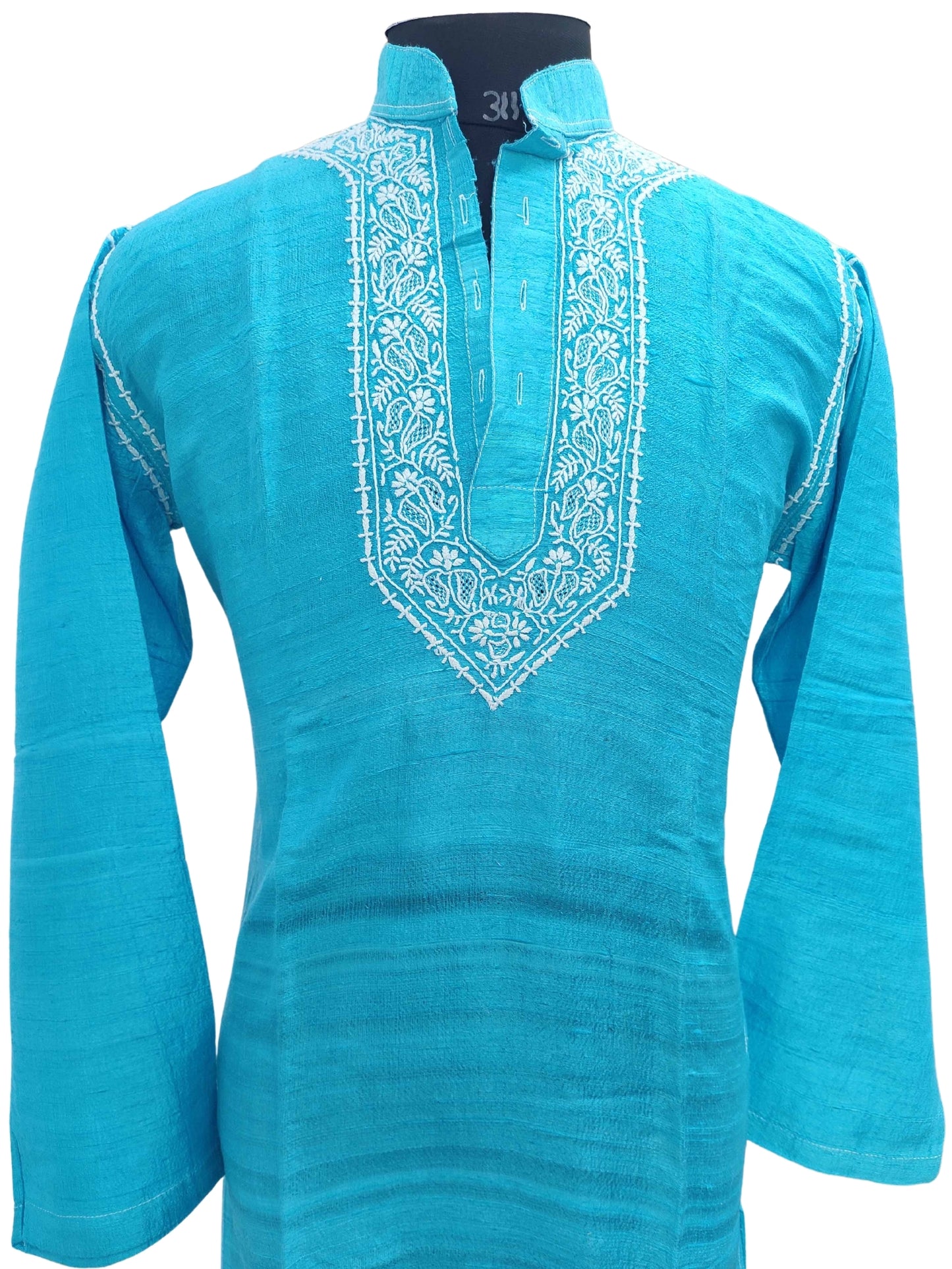Shyamal Chikan Hand Embroidered Blue Silk Lucknowi Chikankari Men's Kurta – S11769