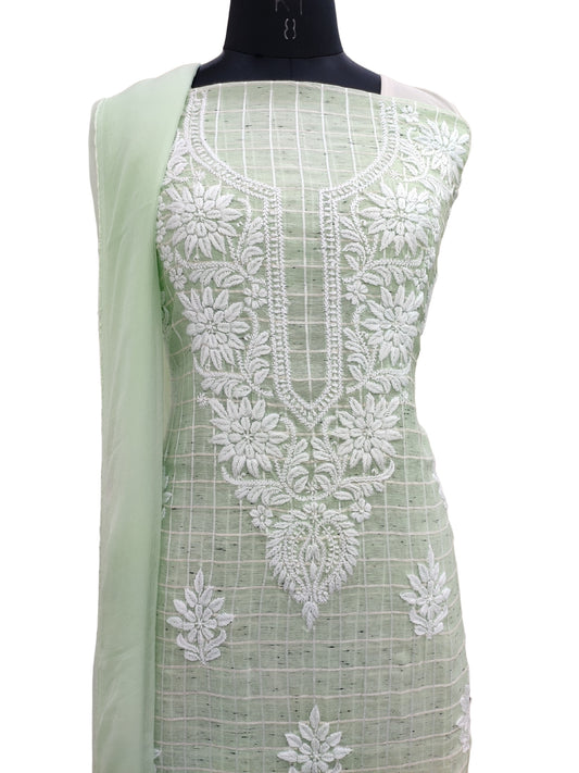 Shyamal Chikan Hand Embroidered Sea Green Chanderi Lucknowi Chikankari Unstitched Suit Piece ( Kurta Dupatta Set ) S18127