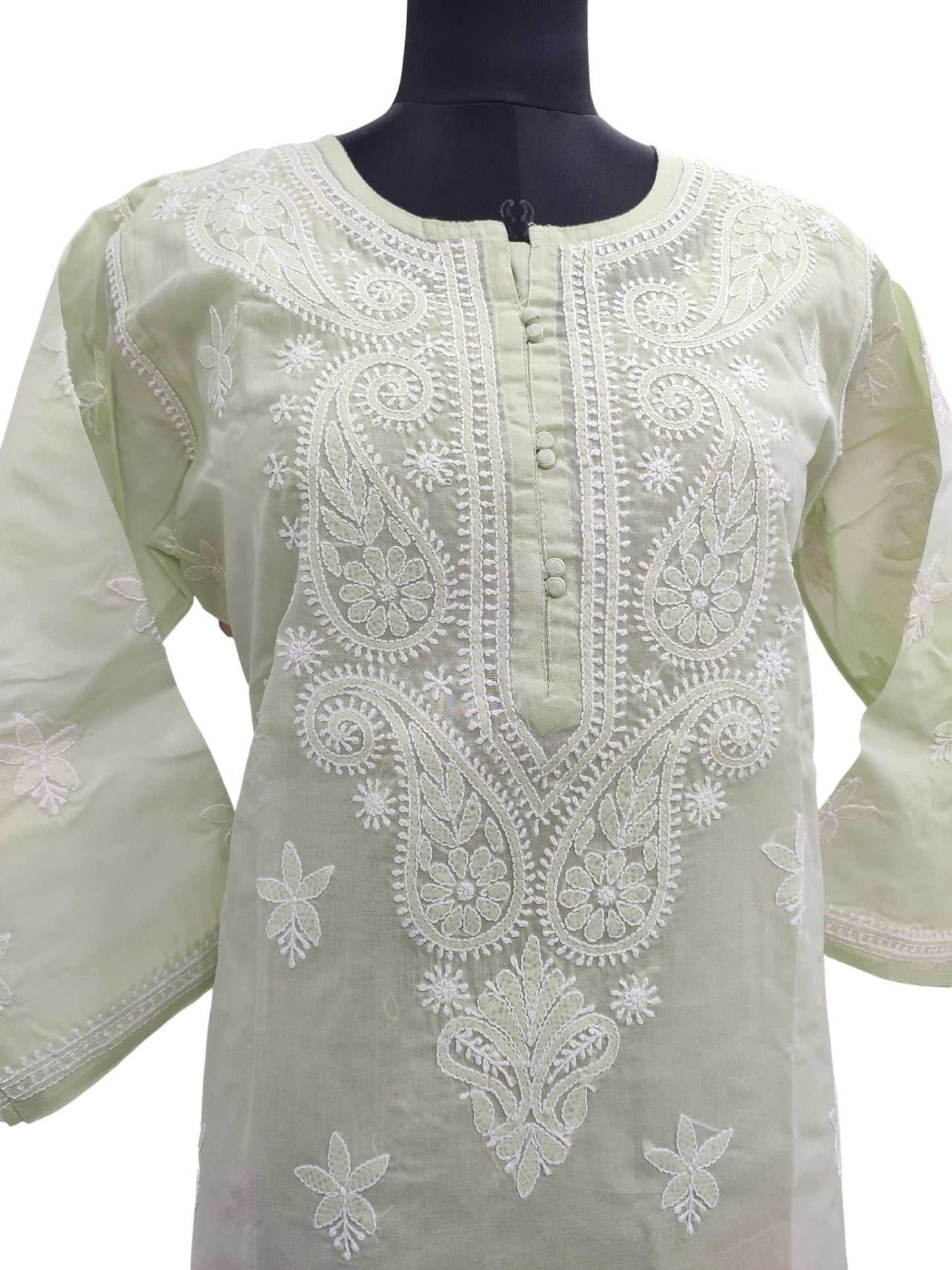 Shyamal Chikan Hand Embroidered Pista Green Cotton Lucknowi Chikankari Kurti- S13713