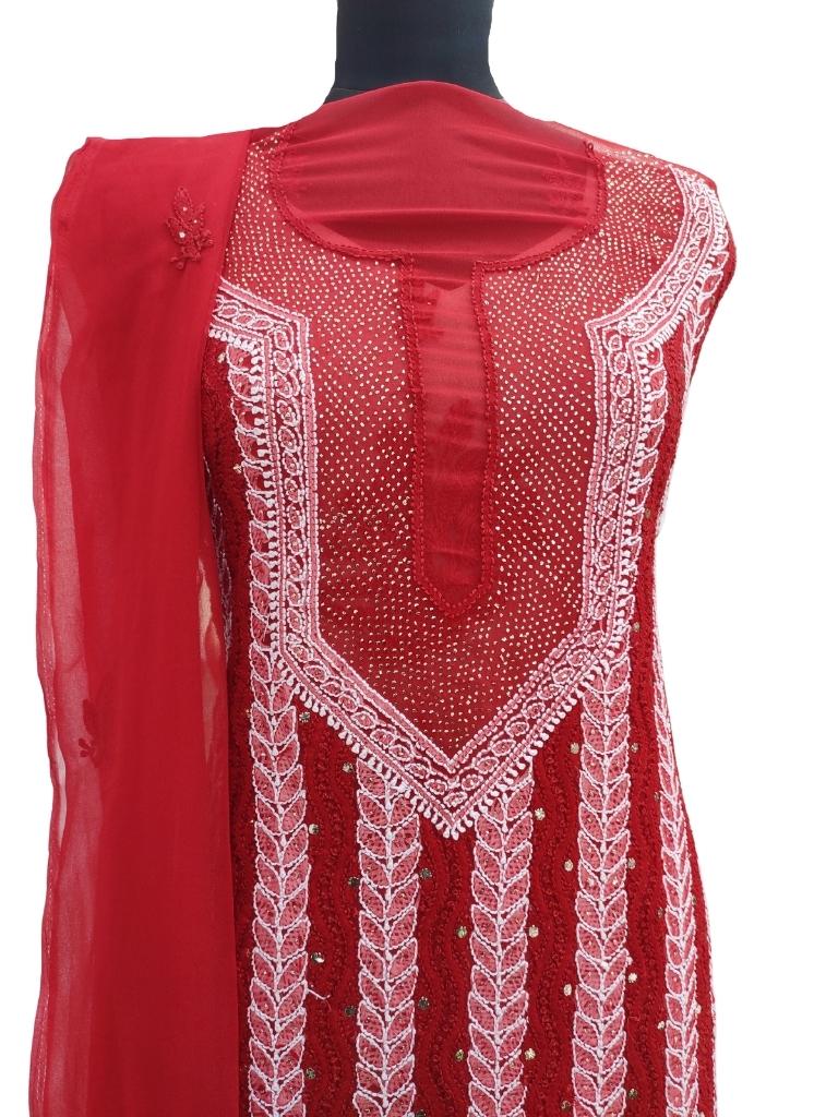 Shyamal Chikan Hand Embroidered Red Georgette Lucknowi Chikankari Unstitched Suit Piece With Mukaish Work - S14188