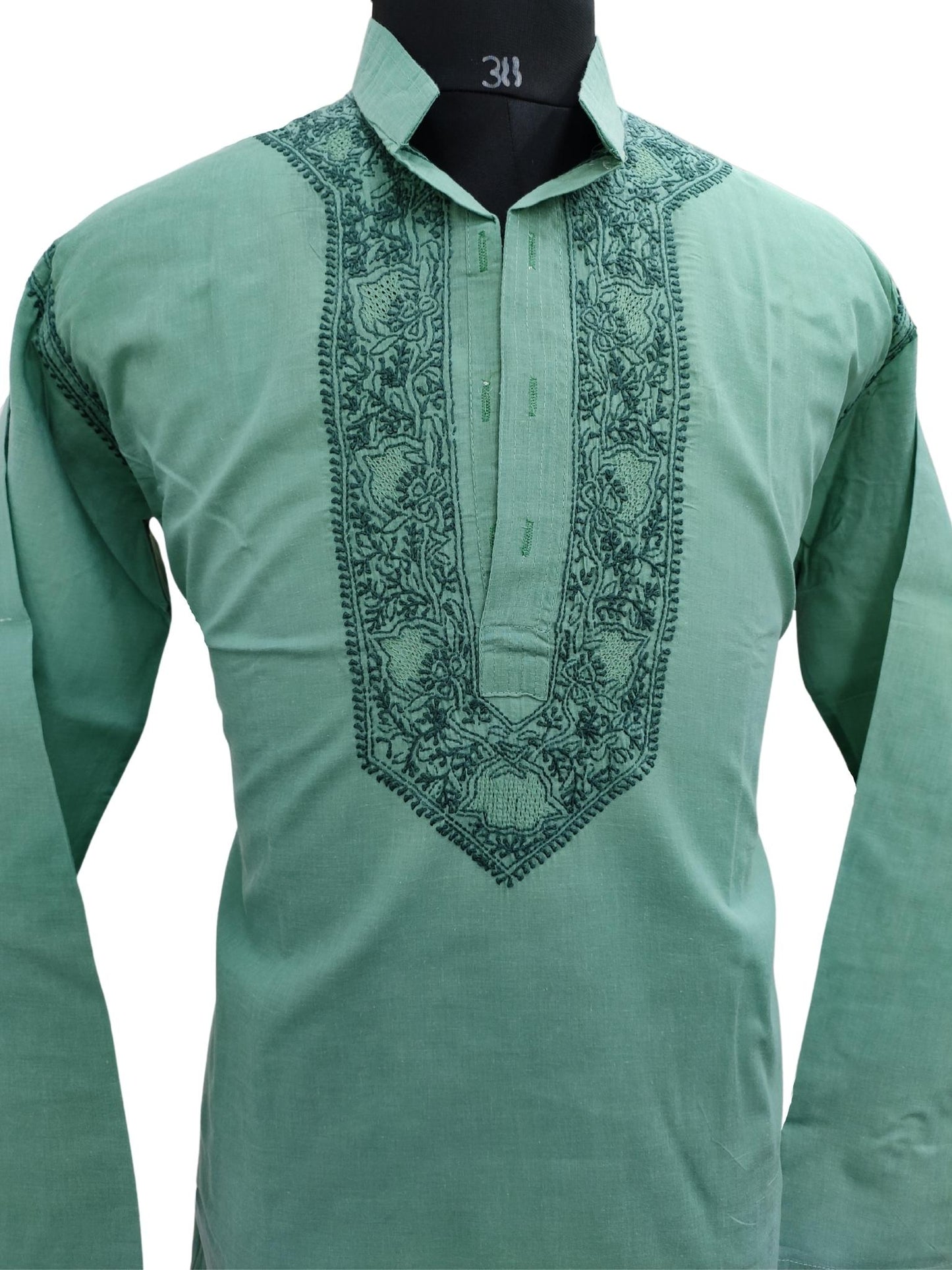 Shyamal Chikan Hand Embroidered Green Cotton Lucknowi Chikankari Men's Kurta – S17414