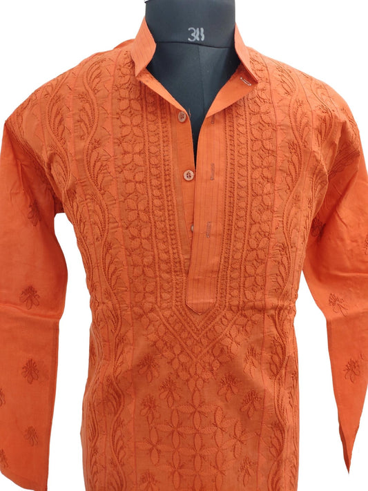 Shyamal Chikan Hand Embroidered Orange Cotton Lucknowi Chikankari Men's Kurta With Daraz Work – S13055