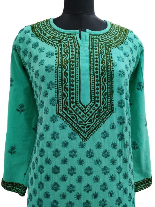 Shyamal Chikan Hand Embroidered Green Lenin Cotton Lucknowi Chikankari Kurti- S12184