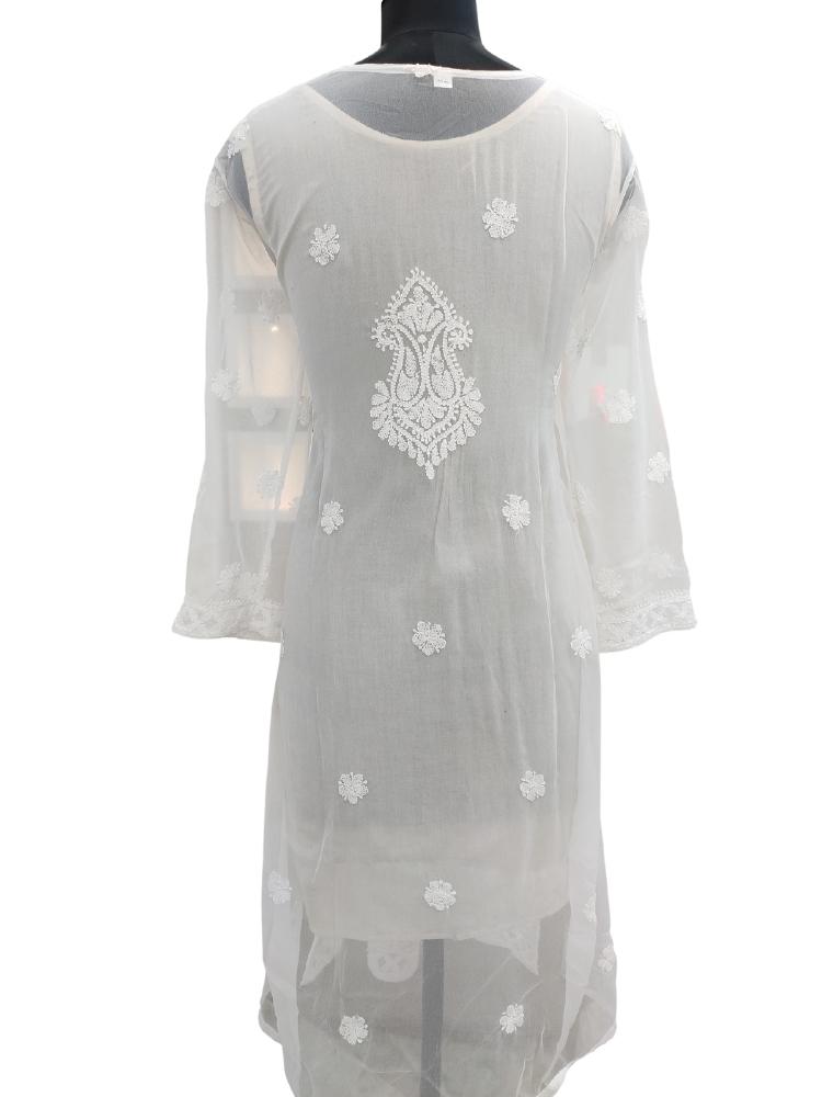 PESAS Lucknowi Chikan Hand Embroidered Short Casual White Kurti for Women