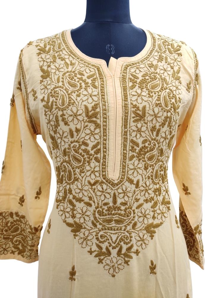 Shyamal Chikan Hand Embroidered Yellow Modal Cotton Lucknowi Chikankari Kurti- S13506