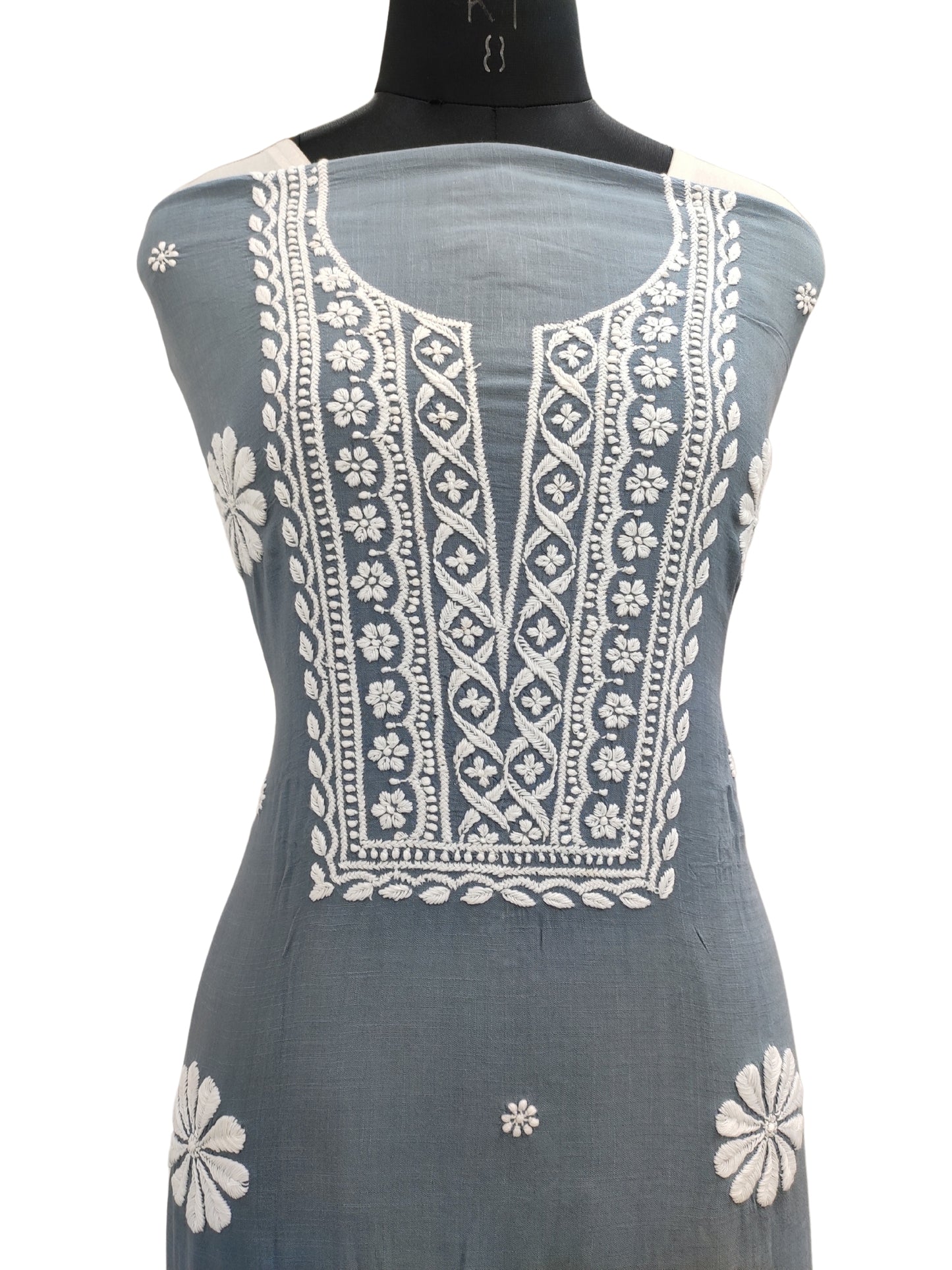 Shyamal Chikan Hand Embroidered Grey Soft Cotton Lucknowi Chikankari Unstitched Kurta Piece - S18956