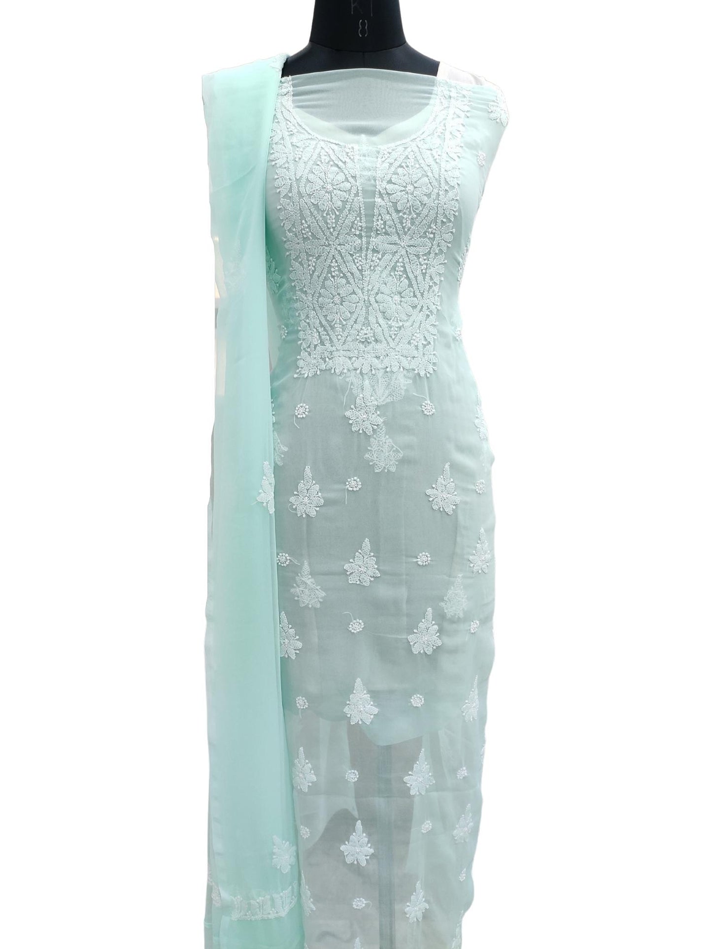 Shyamal Chikan Hand Embroidered Sea Green Georgette Lucknowi Chikankari Unstitched Suit Piece - S19369