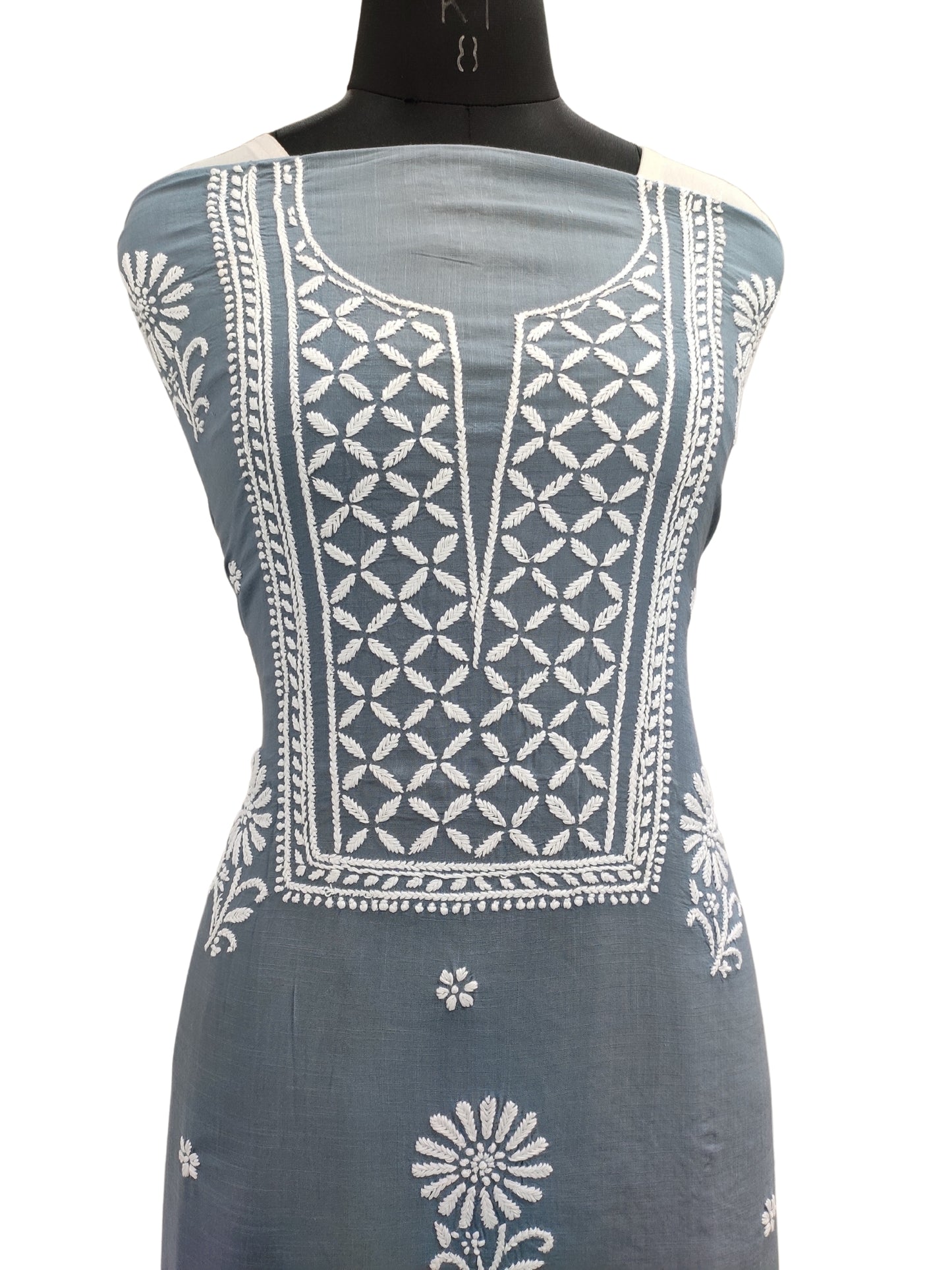 Shyamal Chikan Hand Embroidered Grey Soft Cotton Lucknowi Chikankari Unstitched Kurta Piece - S18956