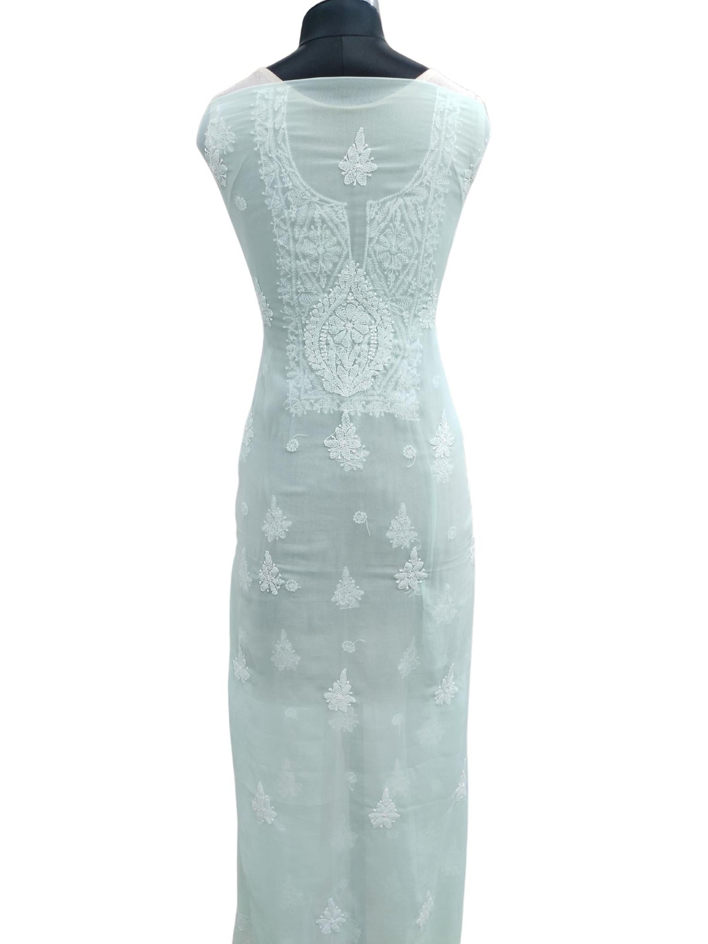 Shyamal Chikan Hand Embroidered Sea Green Georgette Lucknowi Chikankari Unstitched Suit Piece - S19369