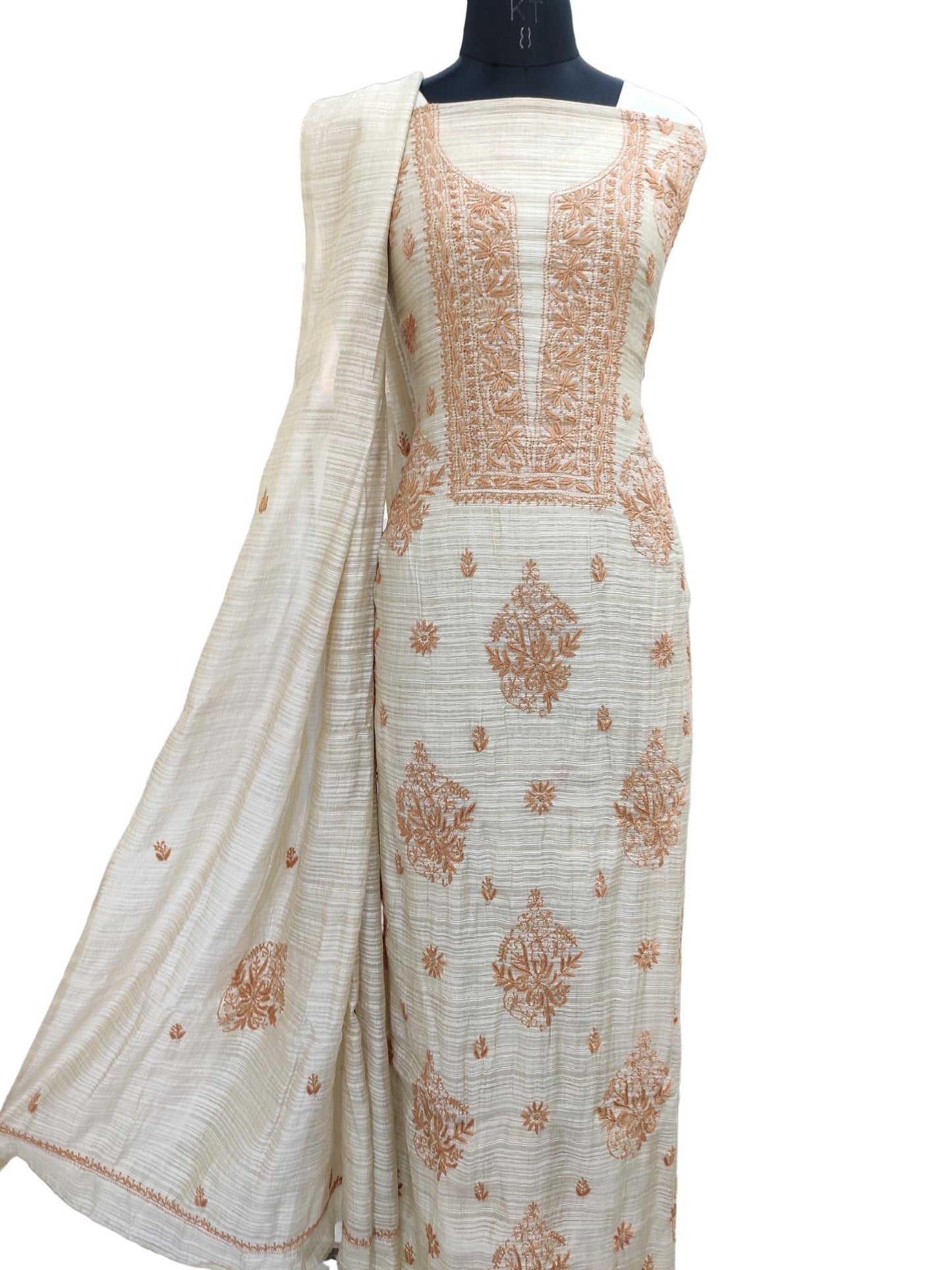 Shyamal Chikan Hand Embroidered Natural Fawn Chanderi Lucknowi Chikankari Unstitched Suit Piece (Set of 2) - S18727