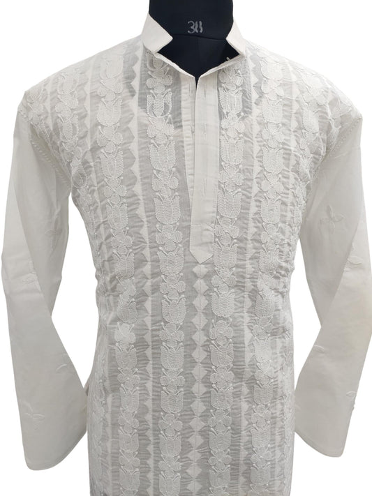 Shyamal Chikan Hand Embroidered White Cotton Lucknowi Chikankari Men's Kurta With Daraz Work – S18387