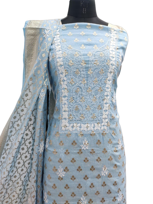 Shyamal Chikan Hand Embroidered Blue Chanderi Lucknowi Chikankari Unstitched Suit Piece ( Kurta Dupatta Set ) S18109
