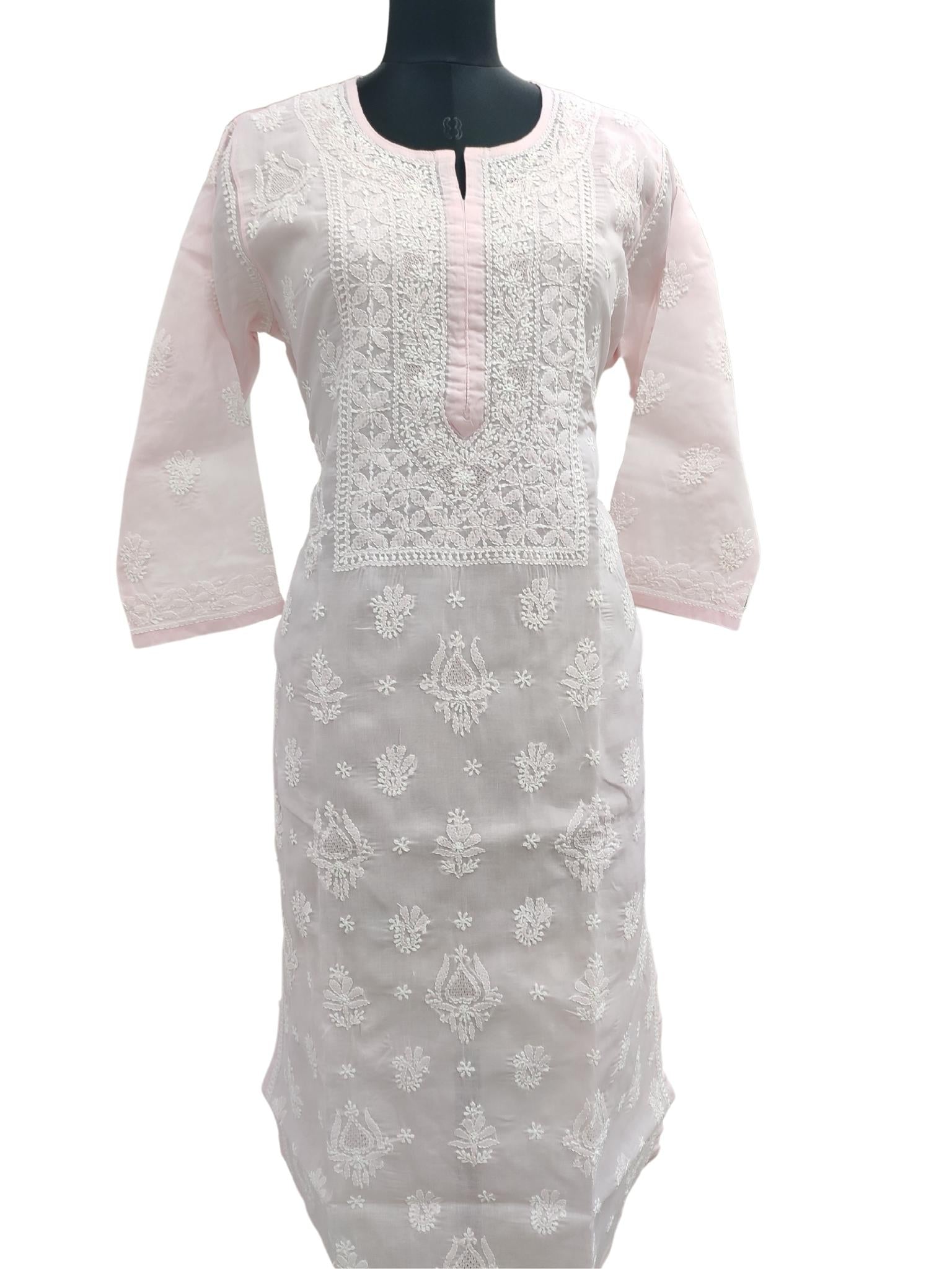 Shyamal Chikan Hand Embroidered Light Pink Cotton Lucknowi Chikankari Kurti With Jaali Work- S16461