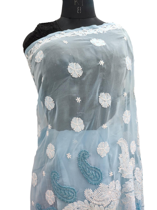 Shyamal Chikan Hand Embroidered Blue Georgette Lucknowi Chikankari Saree With Blouse Piece - S16941