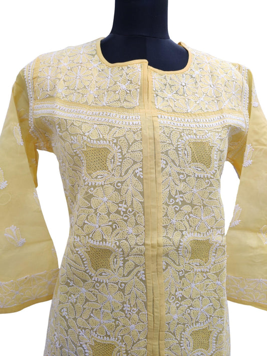 Shyamal Chikan Hand Embroidered Yellow Cotton Lucknowi Chikankari Short Top With Jaali Work - S15672