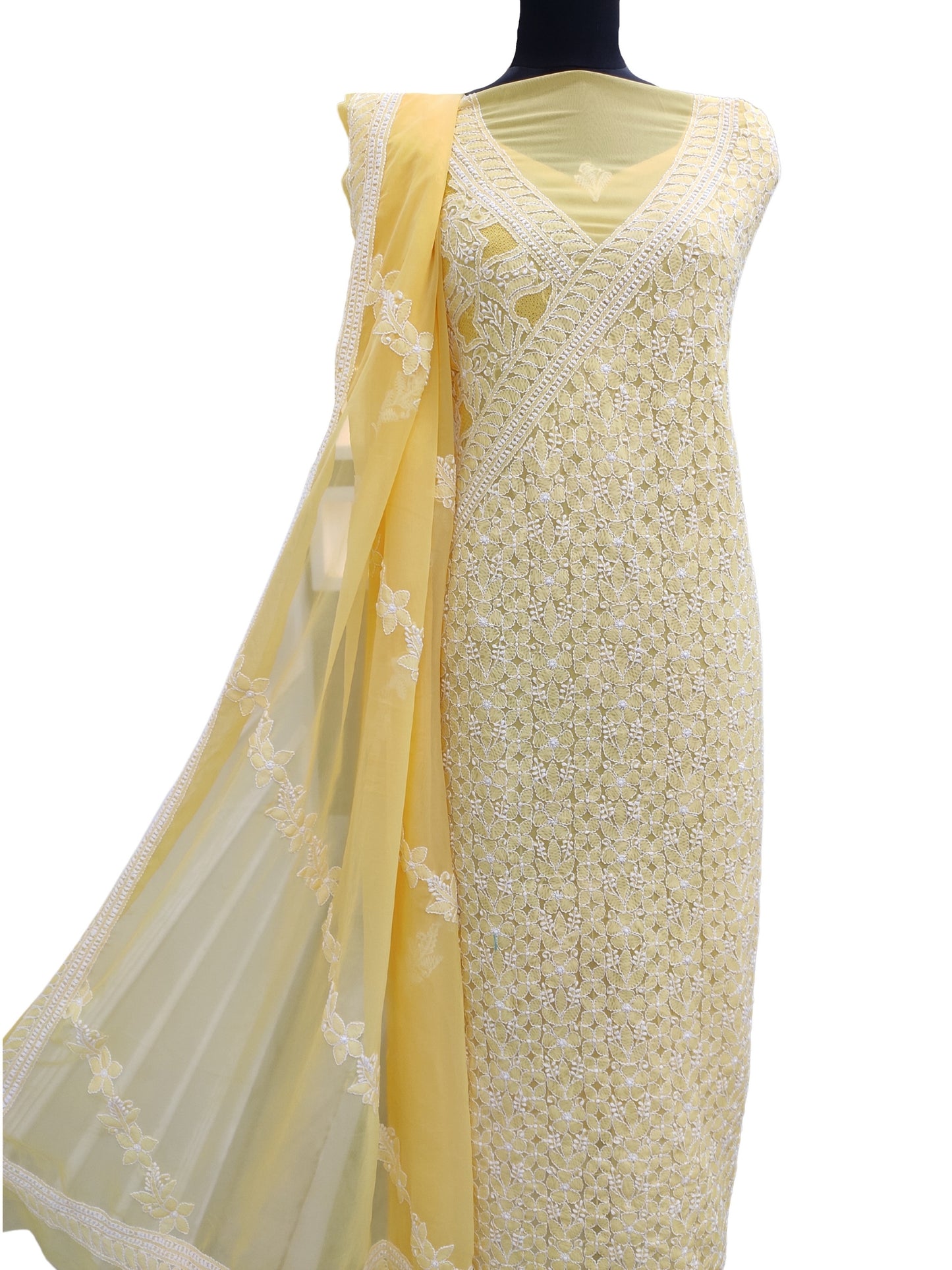 Shyamal Chikan Hand Embroidered Yellow High Quality Georgette Lucknowi Chikankari Unstitched Suit Piece With Four Side Border Dupatta - S12131