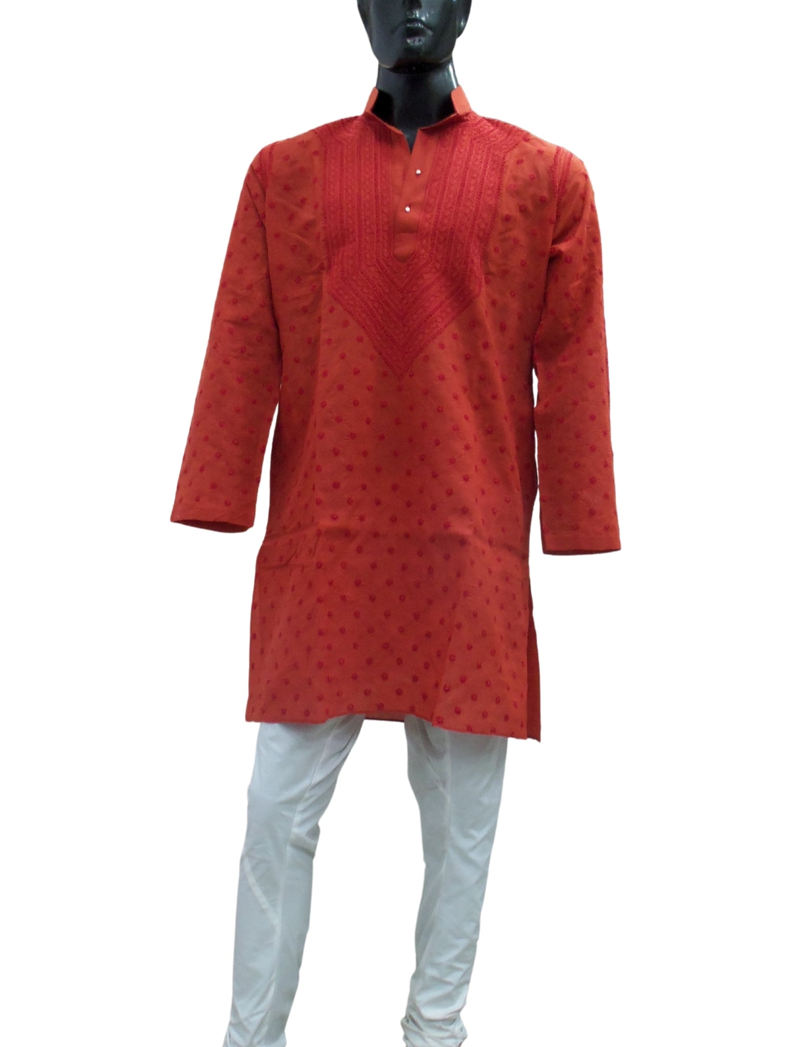Shyamal Chikan Hand Embroidered Red Cotton Lucknowi Chikankari Men's Kurta – S1264