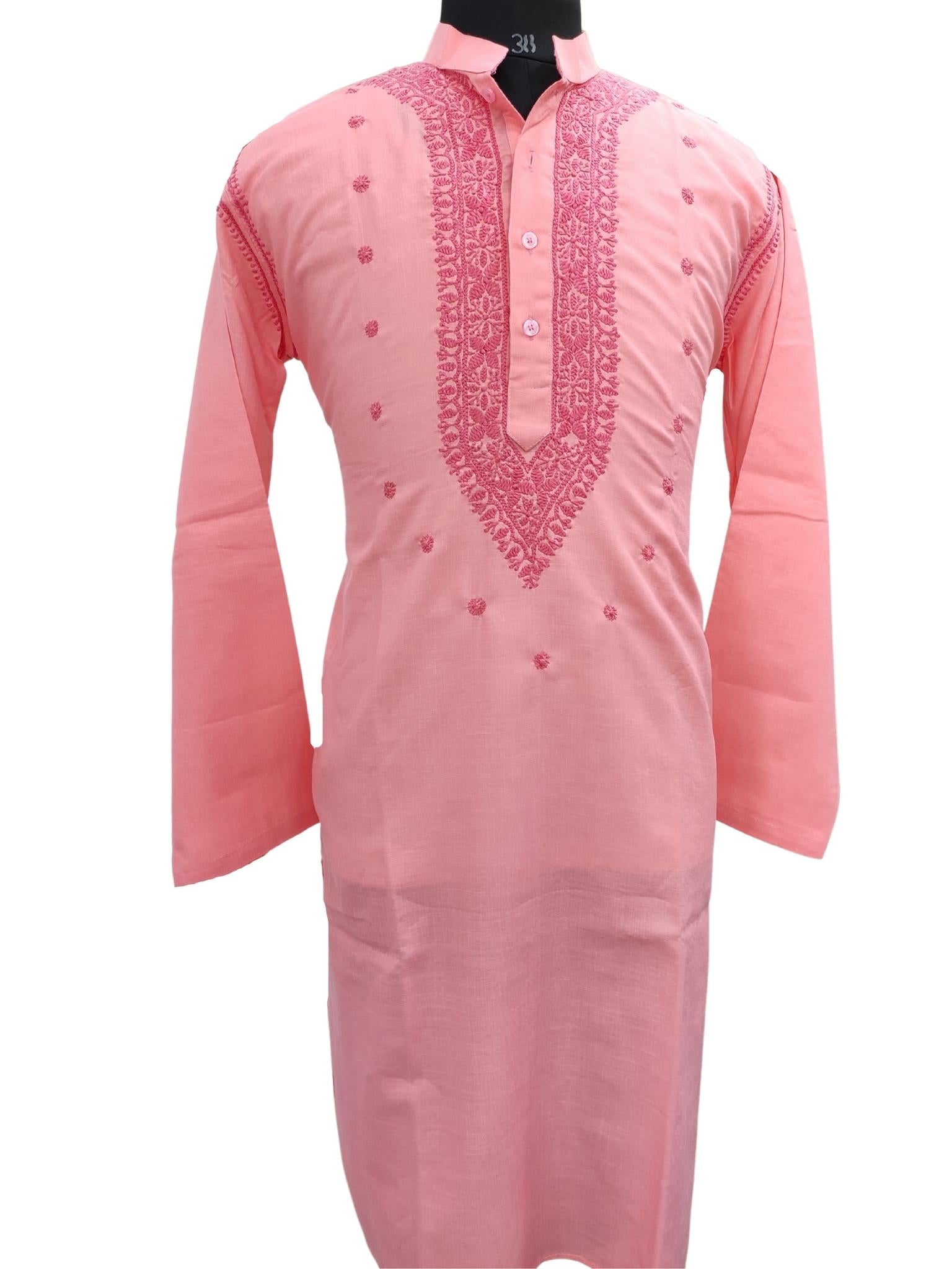 Shyamal Chikan Hand Embroidered Pink Cotton Lucknowi Chikankari Men's Kurta – S12959