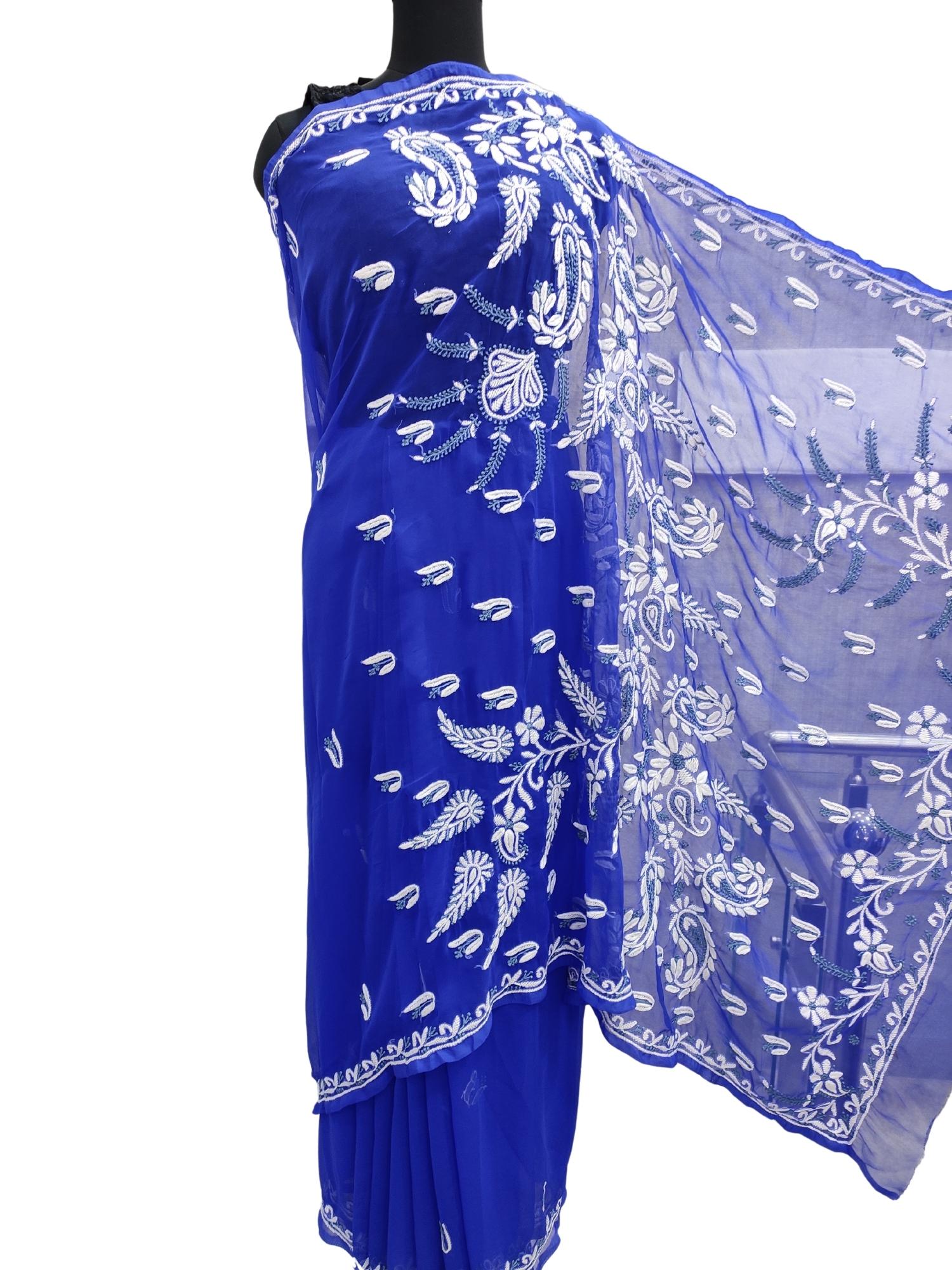 Shyamal Chikan Hand Embroidered Blue Georgette Lucknowi Chikankari Saree With Blouse Piece - S13861