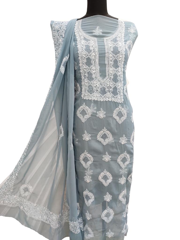 Shyamal Chikan Hand Embroidered Grey High Quality Georgette Lucknowi Chikankari Unstitched Suit Piece With Heavy Dupatta And Jaali Work - S14303