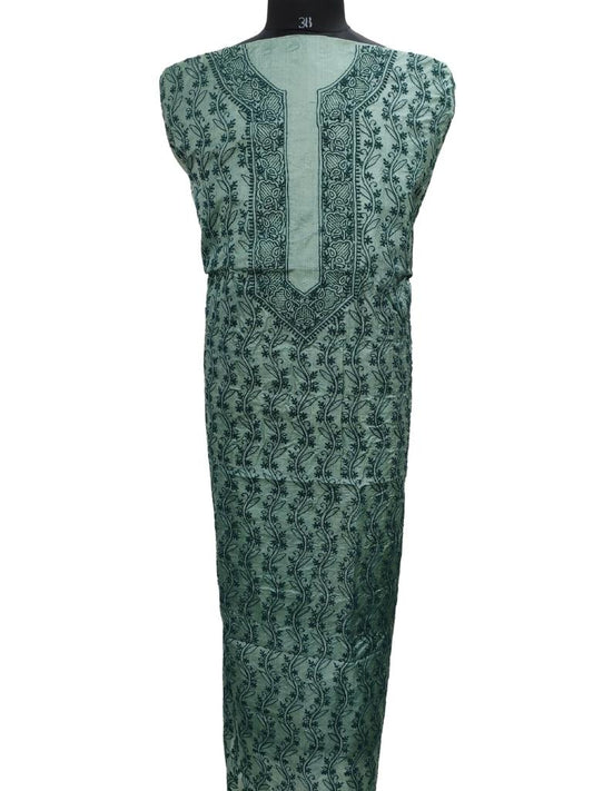 Shyamal Chikan Hand Embroidered Green Pure Tusser Silk Lucknowi Chikankari Unstitched Men's Kurta Piece – S14389