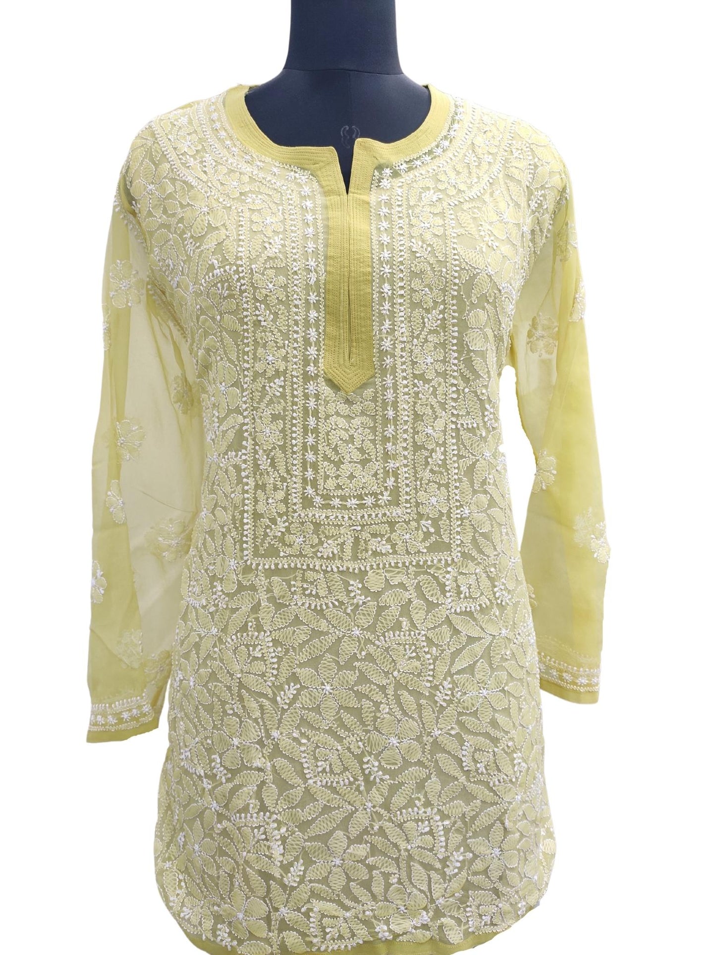 Shyamal Chikan Hand Embroidered Green Georgette All-Over Lucknowi Chikankari Short Top - S16896