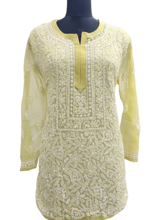 Shyamal Chikan Hand Embroidered Green Georgette All-Over Lucknowi Chikankari Short Top - S16896