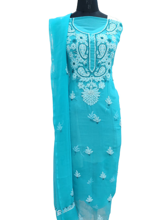 Shyamal Chikan Hand Embroidered Blue Georgette Lucknowi Chikankari Unstitched Suit Piece - S18484