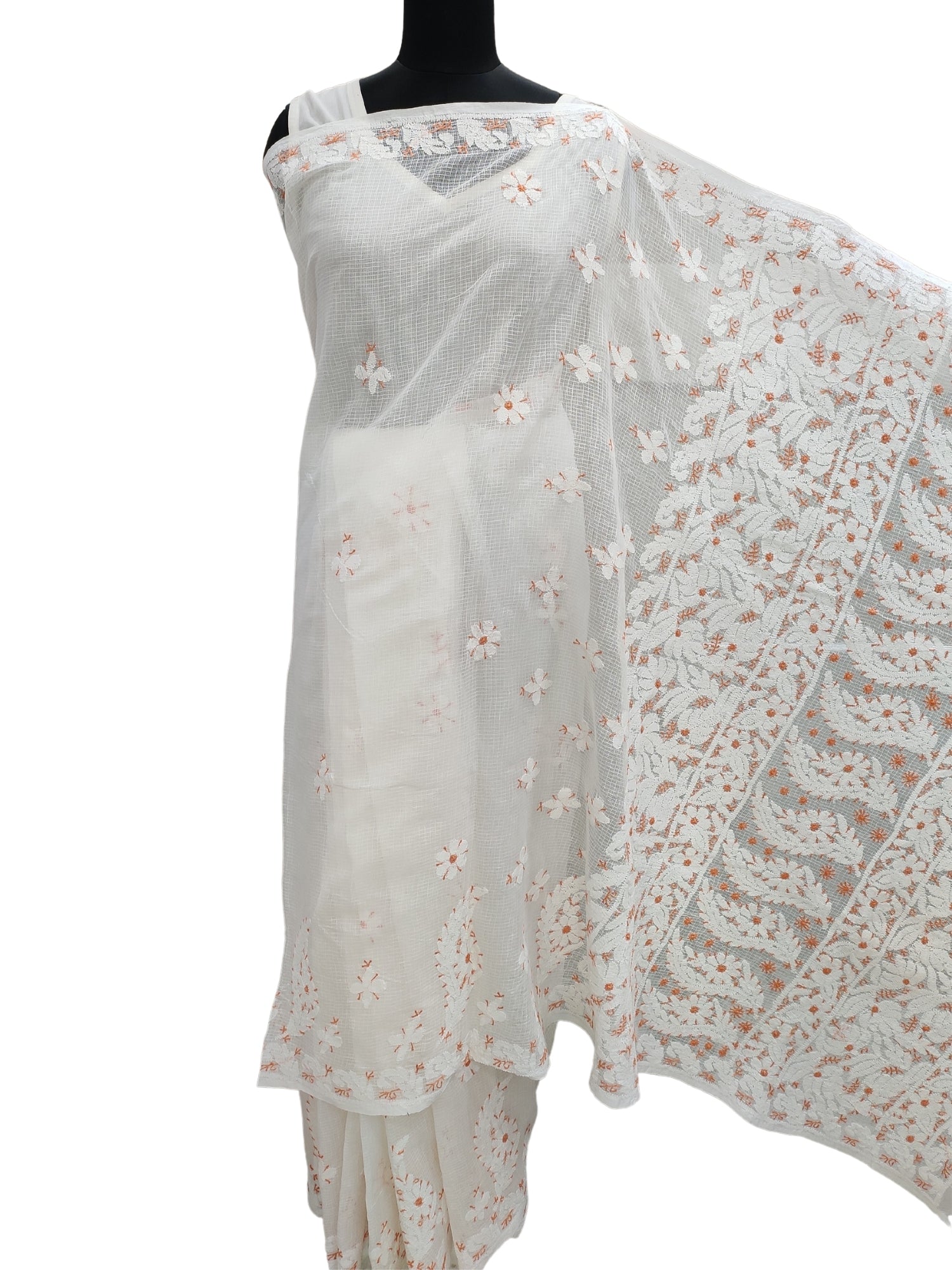 Shyamal Chikan Hand Embroidered White Kota Cotton Lucknowi Chikankari Skirt Saree With Blouse Piece- S3550