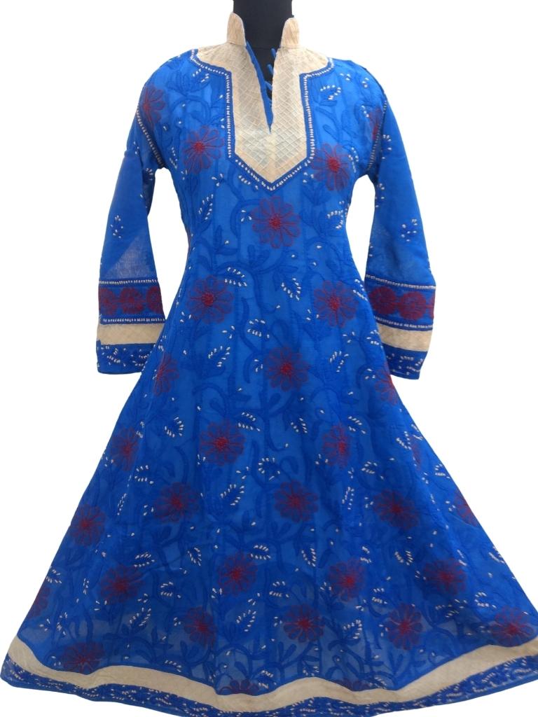 Shyamal Chikan Hand Embroidered Blue Cotton Lucknowi Chikankari Anarkali - S9147